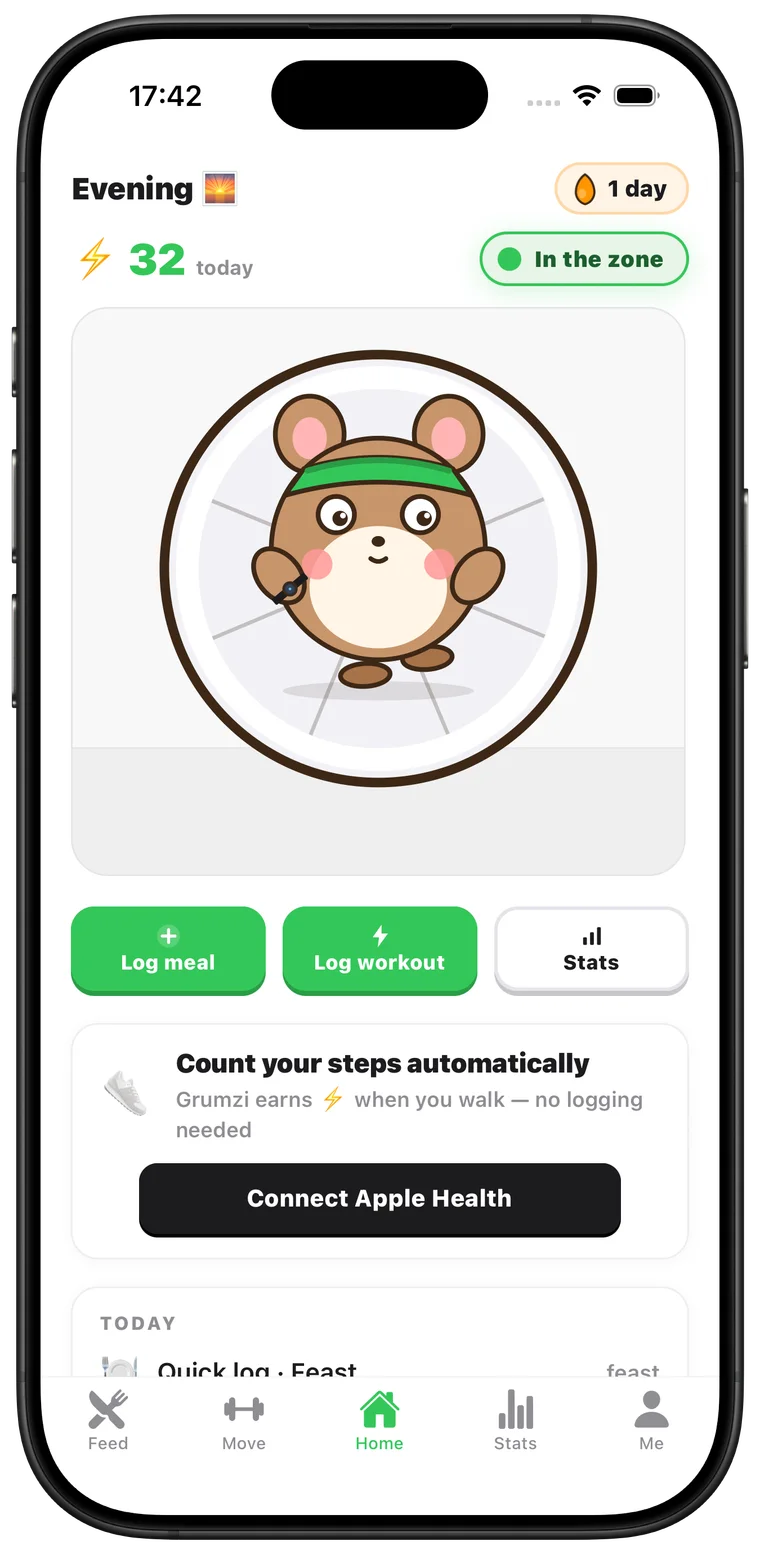 The real grumzi Home screen in an iPhone frame: Grumzi runs on his wheel wearing a green headband, the vibe pill says In the zone, 32 energy today, 1-day streak