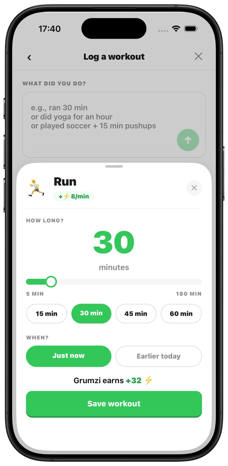 Real grumzi run sheet: 30 minutes on a slider, Grumzi earns +32 energy, Save workout